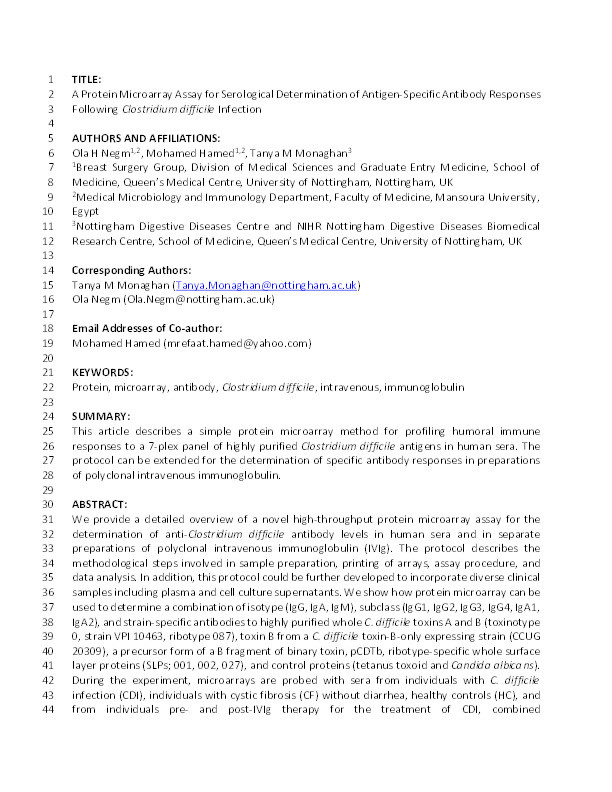 A protein microarray assay for serological determination of antigen-specific antibody responses following Clostridium difficile infection Thumbnail