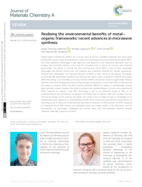 Realising the environmental benefits of metal–organic frameworks: recent advances in microwave synthesis Thumbnail