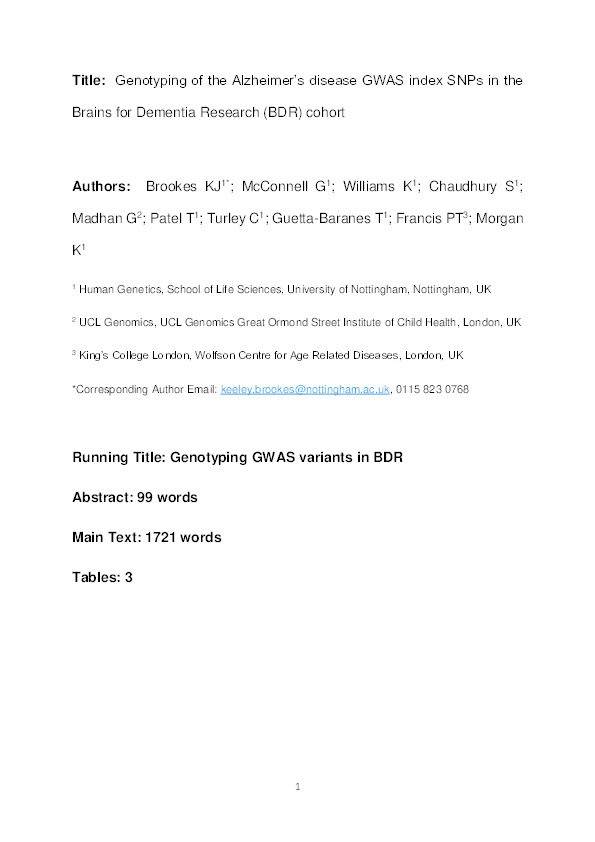 Genotyping of the Alzheimer’s disease Genome-Wide Association Study index single nucleotide polymorphisms in the Brains for Dementia research cohort Thumbnail