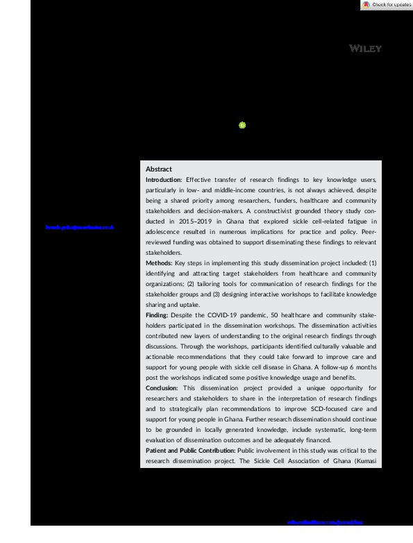 Research knowledge transfer to improve the care and support of adolescents with sickle cell disease in Ghana Thumbnail