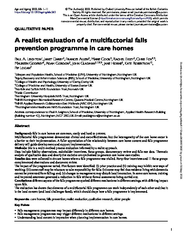 A realist evaluation of a multifactorial falls prevention programme in care homes Thumbnail
