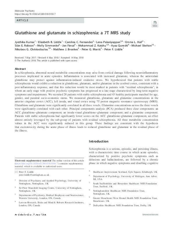 Glutathione and glutamate in schizophrenia: a 7T MRS study Thumbnail