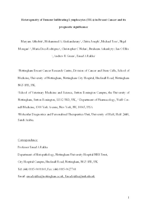 Heterogeneity of Tumour Infiltrating Lymphocytes (TILs) in breast cancer and its prognostic significance Thumbnail