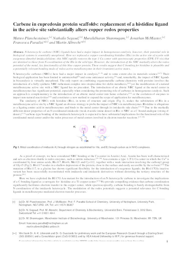 Carbene in Cupredoxin Protein Scaffolds: Replacement of a Histidine Ligand in the Active Site Substantially Alters Copper Redox Properties Thumbnail