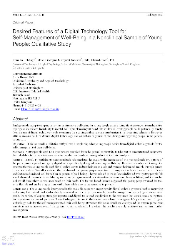 Desired features of a digital technology tool for self-management of well-being in a nonclinical sample of young people: qualitative study Thumbnail