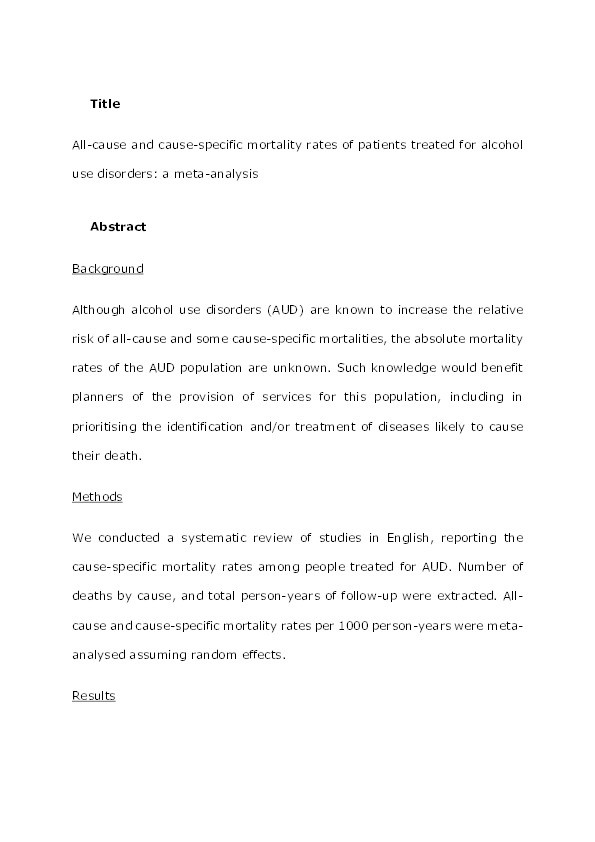 All-cause and cause-specific mortality rates of patients treated for alcohol use disorders: a meta-analysis Thumbnail