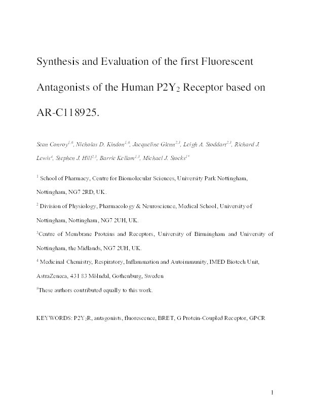 Synthesis and evaluation of the first fluorescent antagonists of the human P2Y2 receptor based on AR-C118925 Thumbnail