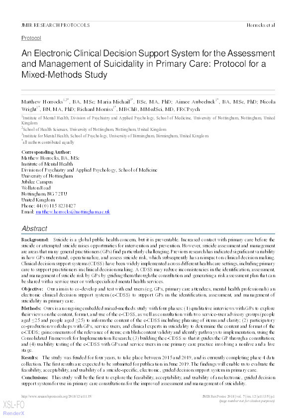 An electronic clinical decision support system for the assessment and management of suicidality in primary care Thumbnail