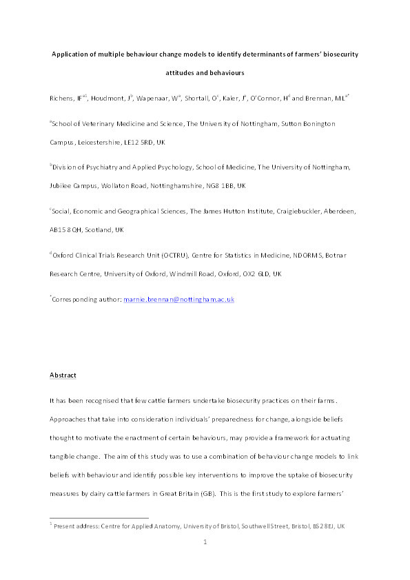 Application of multiple behaviour change models to identify determinants of farmers’ biosecurity attitudes and behaviours Thumbnail