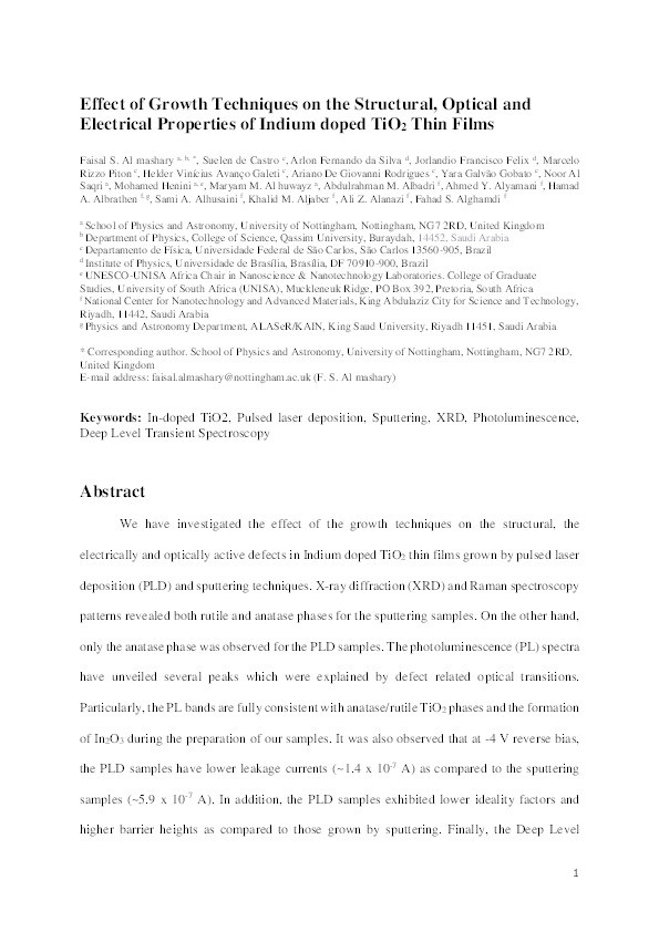 Effect of growth techniques on the structural, optical and electrical properties of indium doped TiO2thin films Thumbnail