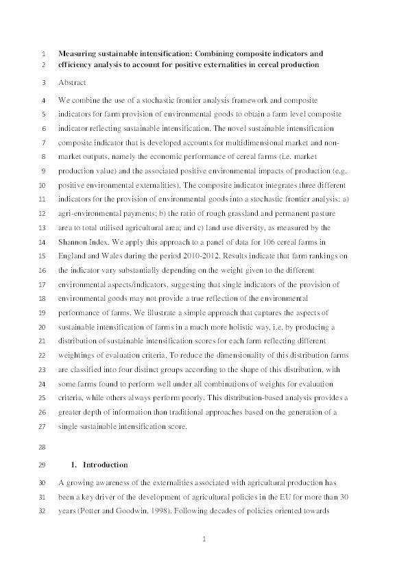 Measuring sustainable intensification: combining composite indicators and efficiency analysis to account for positive externalities in cereal production Thumbnail