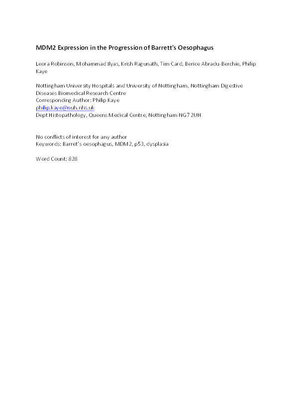MDM2 expression in the progression of Barrett's oesophagus Thumbnail