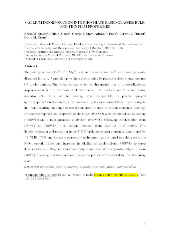 Gallium incorporation into phosphate based glasses: Bulk and thin film properties Thumbnail