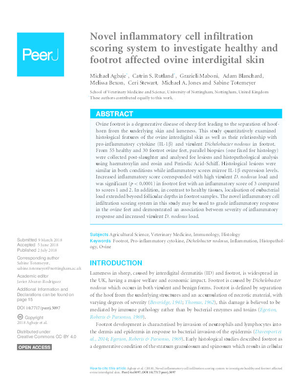 Novel inflammatory cell infiltration scoring system to investigate healthy and footrot affected ovine interdigital skin Thumbnail