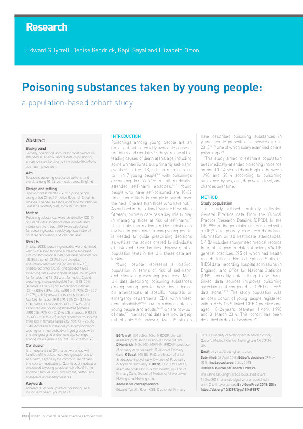 Poisoning substances taken by young people: a population-based cohort study Thumbnail