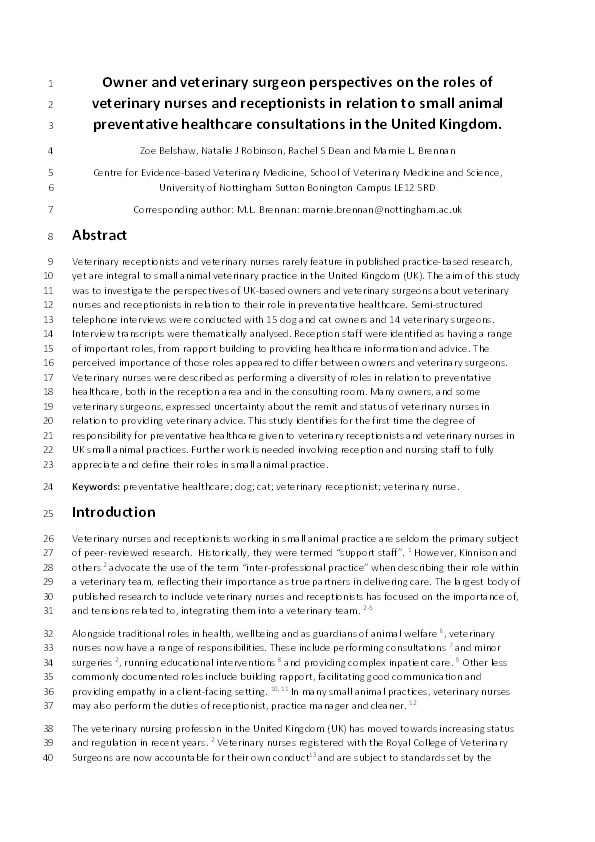 Owner and veterinary surgeon perspectives on the roles of veterinary nurses and receptionists in relation to small animal preventative healthcare consultations in the United Kingdom Thumbnail