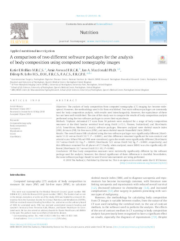 A comparison of two different software packages for the analysis of body composition using computed tomography images Thumbnail