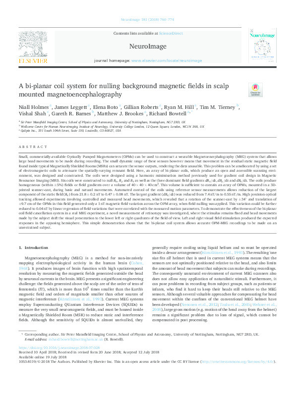 A bi-planar coil system for nulling background magnetic fields in scalp mounted magnetoencephalography Thumbnail