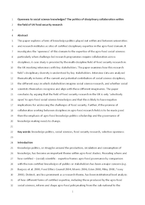 Openness to social science knowledges? The politics of disciplinary collaboration within the field of UK food security research Thumbnail