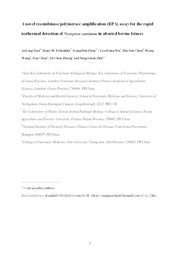 A novel recombinase polymerase amplification (RPA) assay for the rapid isothermal detection of Neospora caninum in aborted bovine fetuses Thumbnail