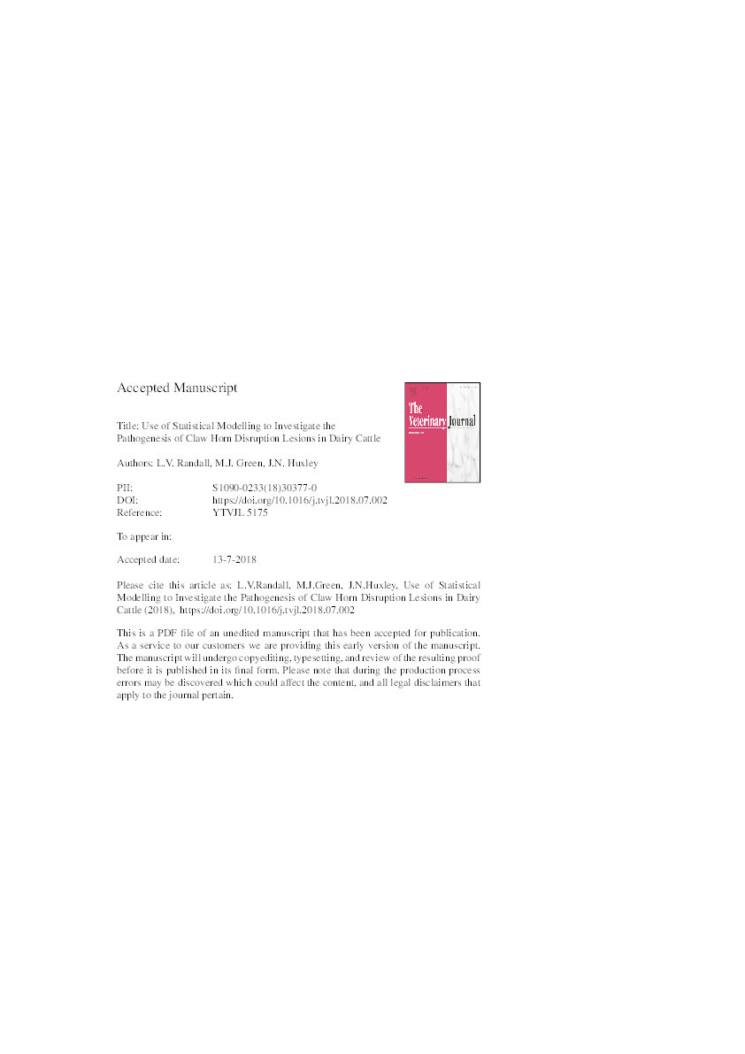 Use of statistical modelling to investigate the pathogenesis of claw horn disruption lesions in dairy cattle Thumbnail