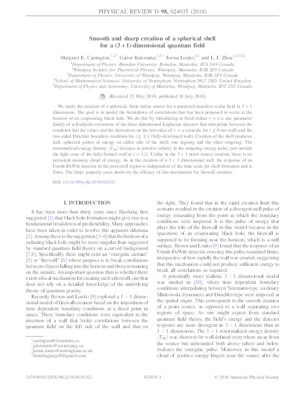 Smooth and sharp creation of a spherical shell for a (3+1)-dimensional quantum field Thumbnail