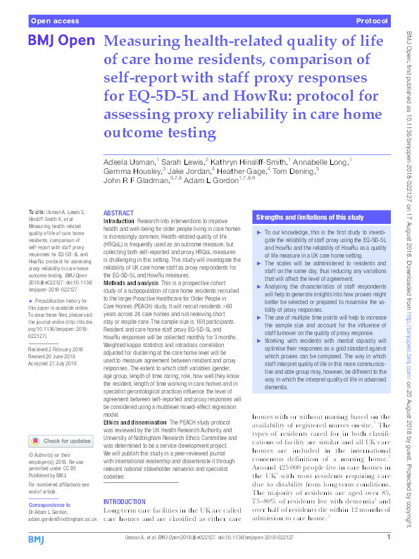 Measuring health related quality of life of care home residents, comparison of self-report with staff proxy responses for EQ-5D-5L and HowRu: protocol for assessing proxy reliability in care home outcome testing Thumbnail