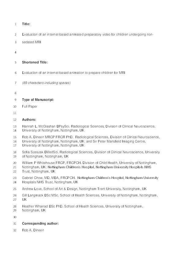 Evaluation of an internet-based animated preparatory video for children undergoing non-sedated MRI Thumbnail