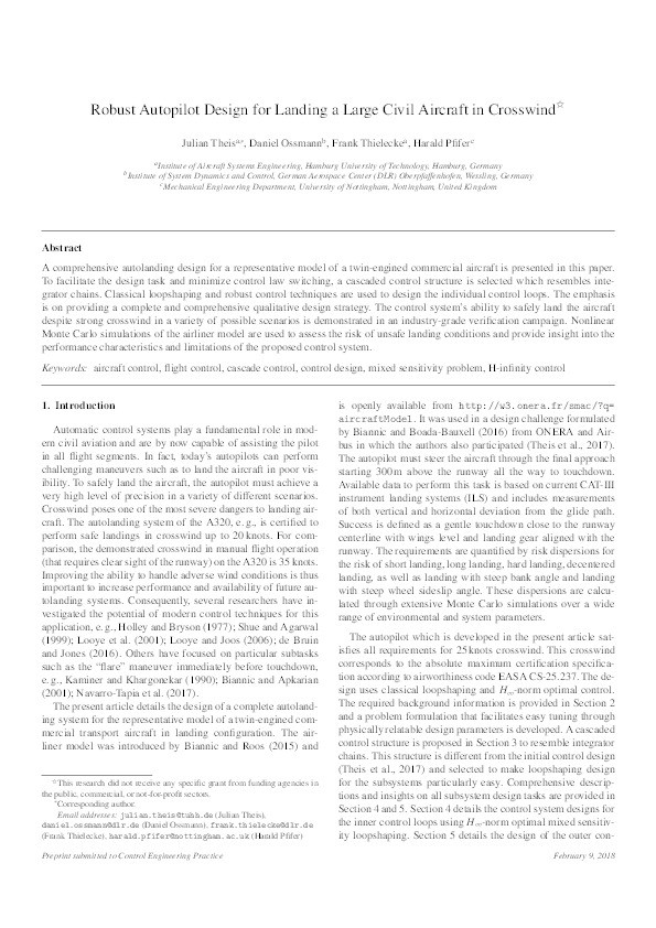 Robust autopilot design for landing a large civil aircraft in crosswind Thumbnail