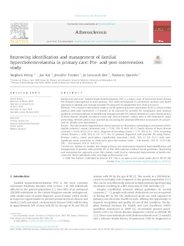 Improving identification & management of familial hypercholesterolaemia in primary care: pre- and post-intervention study Thumbnail