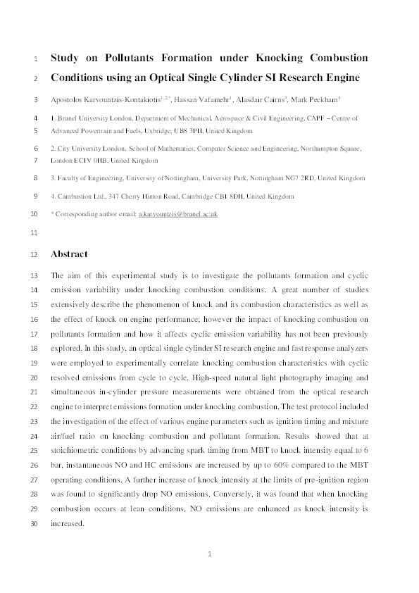 Study on pollutants formation under knocking combustion conditions using an optical single cylinder SI research engine Thumbnail