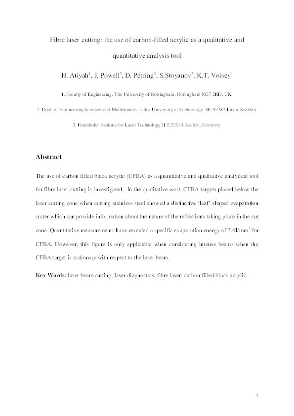 Fibre laser cutting: the use of carbon-filled acrylic as a qualitative and quantitative analysis tool Thumbnail