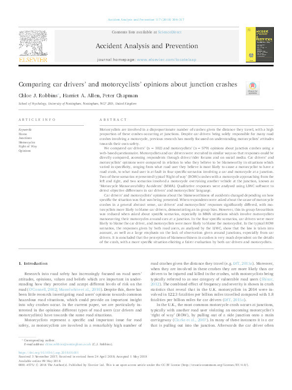 Comparing car drivers’ and motorcyclists’ opinions about junction crashes Thumbnail