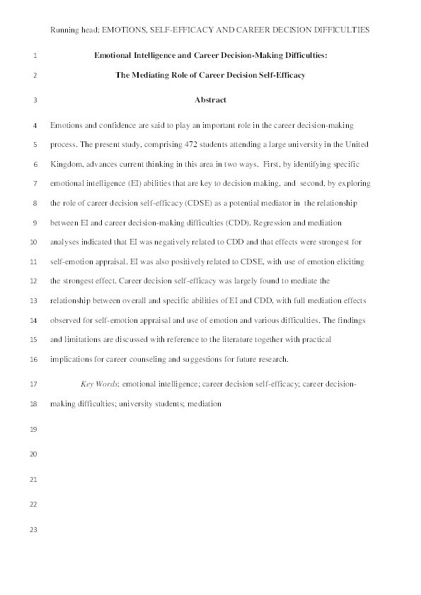 Emotional intelligence and career decision-making difficulties: The mediating role of career decision self-efficacy Thumbnail