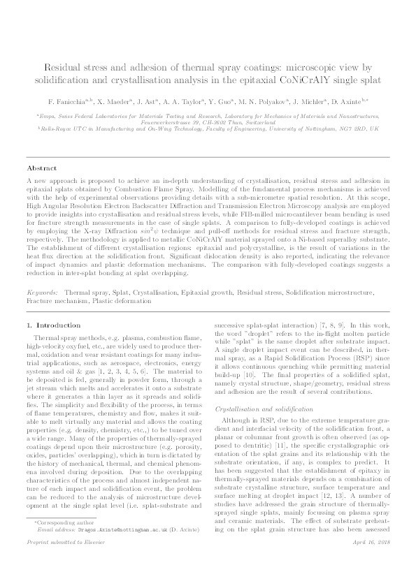 Residual stress and adhesion of thermal spray coatings: microscopic view by solidification and crystallisation analysis in the epitaxial CoNiCrAlY single splat Thumbnail