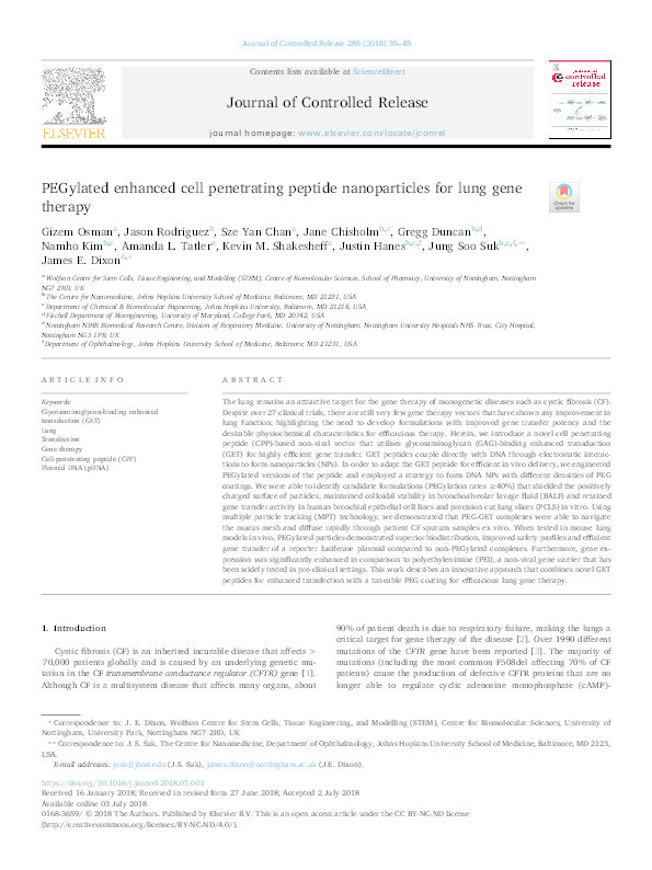 PEGylated enhanced cell penetrating peptide nanoparticles for lung gene therapy Thumbnail