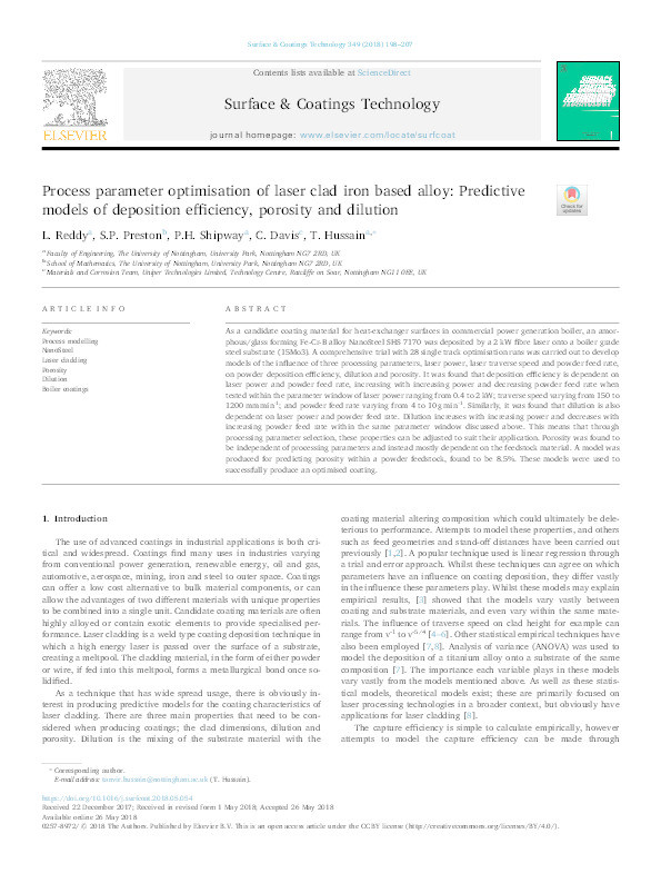 Process parameter optimisation of laser clad iron based alloy: Predictive models of deposition efficiency, porosity and dilution Thumbnail