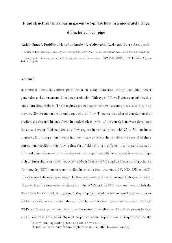 Fluid structure behaviour in gas-oil two-phase flow in a moderately large diameter vertical pipe Thumbnail