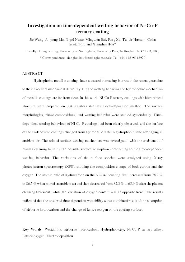 Investigation on time-dependent wetting behavior of Ni-Cu-P ternary coating Thumbnail