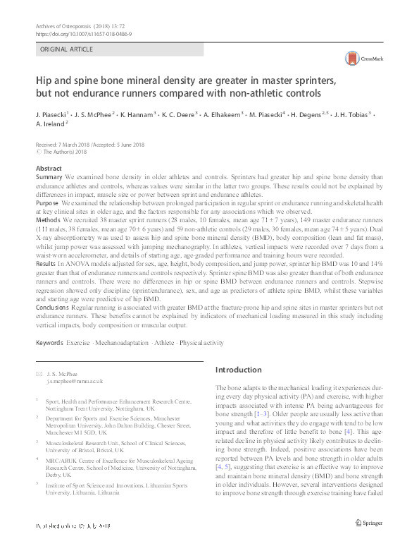 Hip and spine bone mineral density are greater in master sprinters, but not endurance runners compared with non-athletic controls Thumbnail