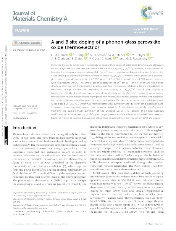 A and B site doping of a phonon-glass perovskite oxide thermoelectric Thumbnail