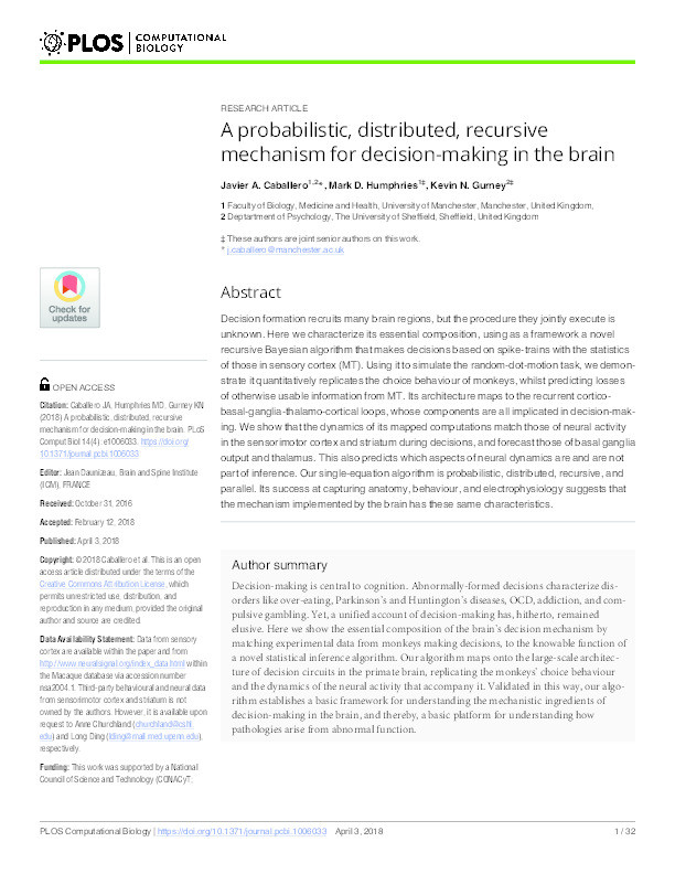 A probabilistic, distributed, recursive mechanism for decision-making in the brain Thumbnail