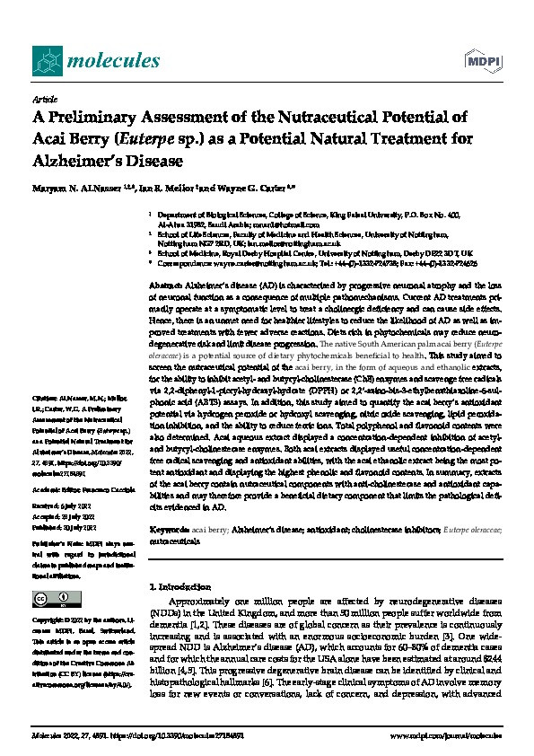 A Preliminary Assessment of the Nutraceutical Potential of Acai Berry (Euterpe sp.) as a Potential Natural Treatment for Alzheimer's Disease Thumbnail