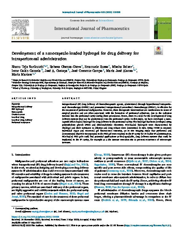 Development of a nanocapsule-loaded hydrogel for drug delivery for intraperitoneal administration Thumbnail