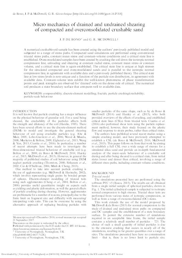 Micro mechanics of drained and undrained shearing of compacted and overconsolidated crushable sand Thumbnail