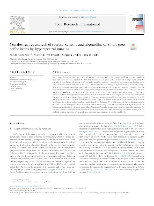 Non-destructive analysis of sucrose, caffeine and trigonelline on single green coffee beans by hyperspectral imaging Thumbnail