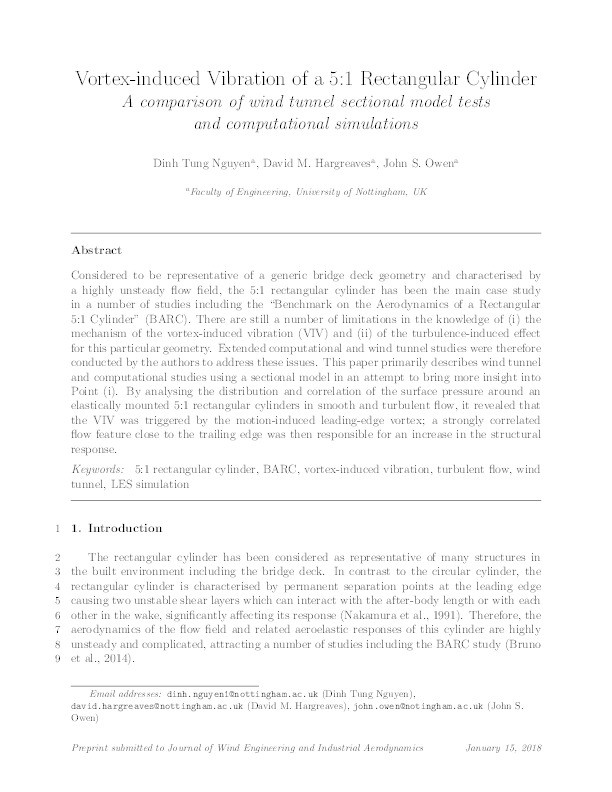 Vortex-induced vibration of a 5:1 rectangular cylinder: A comparison of wind tunnel sectional model tests and computational simulations Thumbnail