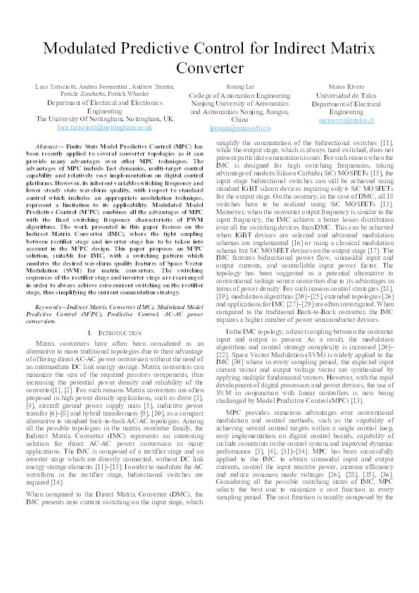 Modulated predictive control for indirect matrix converter Thumbnail