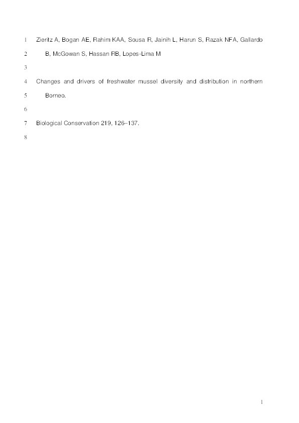 Changes and drivers of freshwater mussel diversity and distribution in northern Borneo Thumbnail
