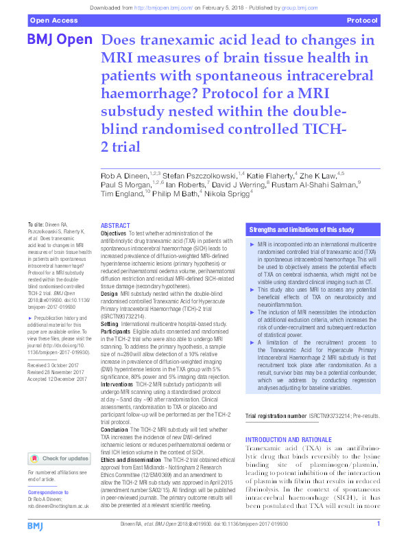Does tranexamic acid lead to changes in MRI-measures of brain tissue health in patients with spontaneous intracerebral haemorrhage? An MRI sub-study nested within the double-blind randomised controlled TICH-2 trial Thumbnail